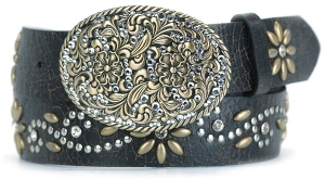 Nocona® Ladies Dark Brown Belt with Brass Flower & Silver Studs