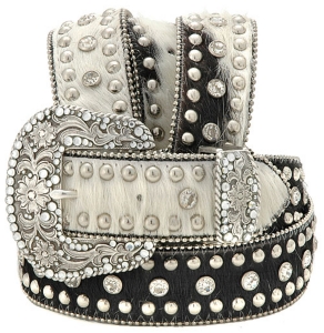 Nocona® Ladies Black/White Hair Belt on Calf with Clear Crystals