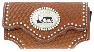 Nocona® Brown Leather Tooled Basket Weave Praying Cowboy Cell Phone Case