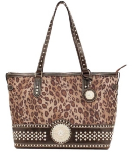 Nocona® Ladies Brown Leopard Print w/ Round Concho & Silver Crystals Purse