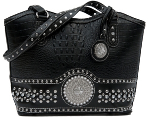 Nocona® Ladies Black Faux Gator with Round Concho and Silver Crystals Handbag