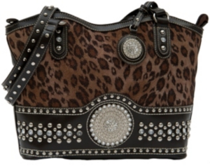 Nocona® Ladies Brown Leopard Print with Round Concho and Silver Crystals Handbag