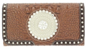 Nocona® Ladies Brown Faux Gator with Round Concho and Silver Crystals Wallet