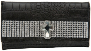 Nocona® Ladies Black Croc Print w/ Rhinestones & Cross Center Flap Wallet