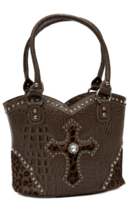 Blazin Roxx® Ladies Brown Gator Print w/ Cheetah Cross & Crystals Bucket Purse