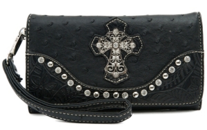 Blazin Roxx® Ladies Black Ostrich Print w/ Cross & Crystals Flap Wallet