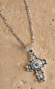 Montana Silversmiths® Silver Antiqued Flower Cross with Blue Stone Necklace