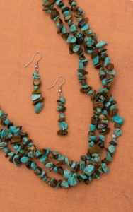 Silver Strike® Turquoise & Brown Chip Stones Triple Strand Necklace and Earrings Jewelry Set