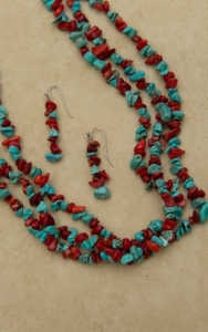 Silver Strike® Turquoise & Red Chip Stones Triple Strand Necklace and Earrings Jewelry Set