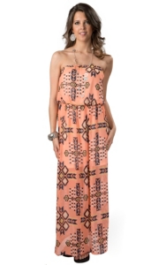 Karlie® Women's Peach with Black Aztec Print Strapless Chiffon Maxi Dress
