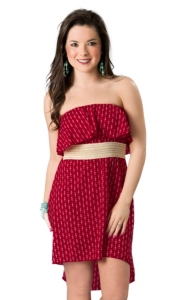 Ocean Drive® Women's Red with White Anchors and Tan Waistband Strapless Hi-Lo Dress
