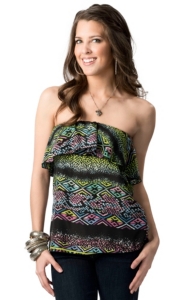 Ocean Drive® Women's Black with Multi Tribal with Ruffle Top Strapless Fashion Top