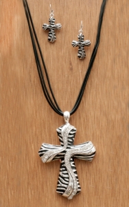 Wear N.E. Wear® Silver & Black Zebra Cross & Crystals Jewelry Set