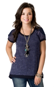 Vintage Havana® Women's Navy Blue and White Knit and Sheer Short Sleeve Fashion Top
