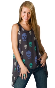 Vintage Havana® Women's Charcoal with Happy Skulls Hi-Lo Open Back Sheer Sleeveless Fashion Top