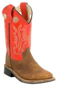 Old West® Children's Brown w/ Orange Top Double Welt Square Toe Western Boots