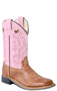 Old West® Jama™ Youth Distressed Brown & Pink Square Toe Western Boot