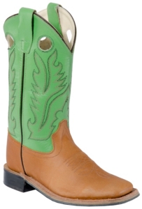 Old West® Childrens Brown Corona Calf w/ Lime Green Top Double Welt Square Toe Boots