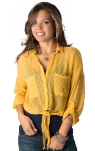 Angie® Women's Mustard Yellow Swiss Dot Button Down 3/4 Sleeve Fashion Top