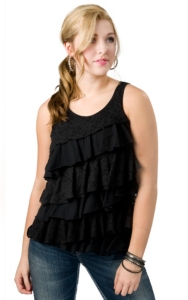 Pink Cattelac® Women's Black with Lace Ruffle Tank Fashion Top