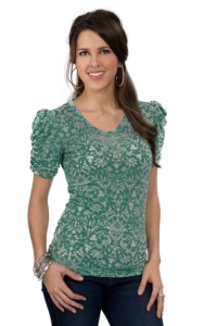 Pink Cattlelac® Women's Sage  Floral Burnout w/ Crystals Puffed Short Sleeve Top