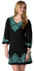 Pink Cattlelac® Women's Black & Turquoise Screenprint Embroidery V-Neck 3/4 Sleeves Dress
