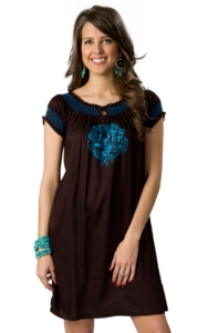 Pink Cattlelac® Women's Brown with Blue Floral Embroidery and Smocking Short Sleeve Dress