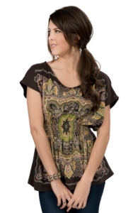 Pink Cattlelac® Women Brown with Yellow and Green Scarf Print Smocked Waist Short Sleeve Fashion Top