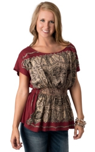 Pink Cattlelac® Women Red with Cream & Black Scarf Print Smocked Waist Short Sleeve Fashion Top