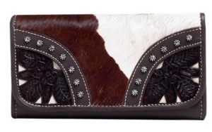 American West® Ladies Prairie Rose Brown and Cream and Cowhide Tri-Fold Wallet