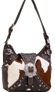 American West® Ladies Prairie Rose Brown and Cream and Cowhide Buckle Hobo Handbag