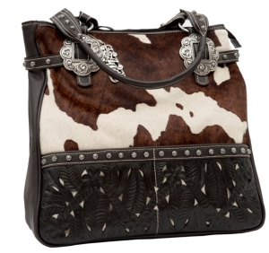 American West® Women's Prairie Rose Brown and Cream Cowhide Tooled Leather Large Zip Top Carry-All Handbag