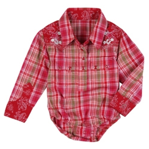Wrangler® All Around Baby™ Girls Pink, Red & Green Plaid Long Sleeve Western Onesie