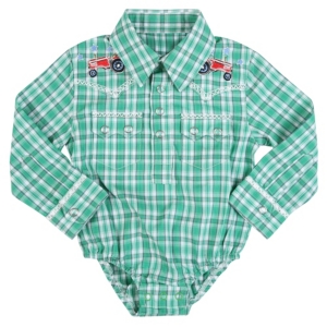Wrangler® All Around Baby™ Boys Green & White Plaid w/ Tractors Long Sleeve Western Onesie