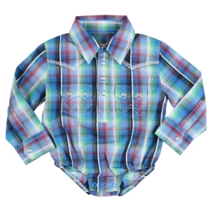 Wrangler® All Around Baby™ Boys Blue, Green & Red Rooster Long Sleeve Western Onesie