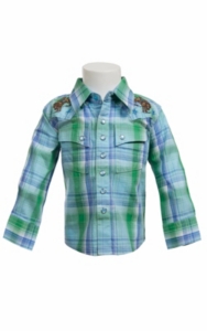 Wrangler® All Around Baby™ Boys Blue & Green Plaid w/ Bronc Rider Long Sleeve Western Shirt