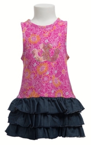 Wrangler® All Around Baby™ Girls Pink and Yellow Floral with Denim Ruffled Bottom Sequined Horseshoes Tank Dress