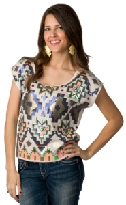 Lovemarks® Women's Cream with Sequins Aztec Design Short Sleeve Fashion Tee