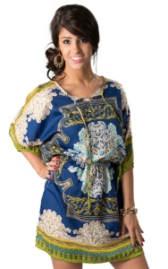 Angie® Women's Navy, Green and Yellow 3/4 Sleeve Empire Waist Dress