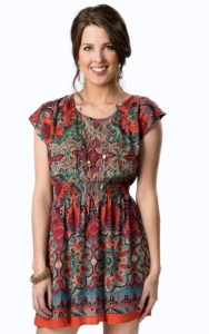 Angie® Women's Red and Teal Paisley Smocked Waist Cutout Back Short Sleeve Dress