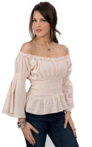 Rancho Estancia® Women's Light Pink Eyelet with Smocking Long Sleeve Peasant Fashion Top