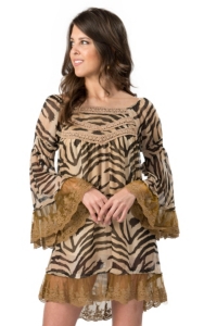 Rancho Estancia® Women's Zoey Tan and Black Zebra Print with Lace Chiffon Long Sleeve Dress