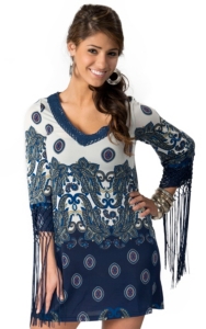 Rancho Estancia® Women's White and Blue Paisley with Fringe 3/4 Sleeve Dress