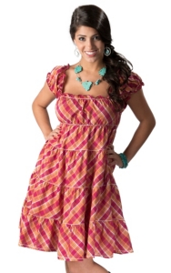 Resistol® Women's Pink and Orange Plaid Tiered Babydoll Ruffle Short Sleeve Dress