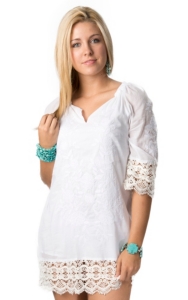 RU Cowgirl Women's Shelby White Crochet Lace and Embroidery 3/4 Sleeve Dress