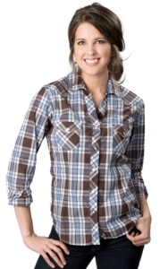 Roughstock® Ladies Brown and Navy Plaid Long Sleeve Western Shirt