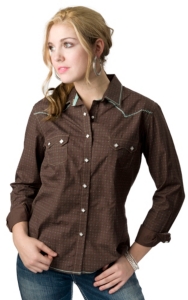 Roughstock® Women's Brown with Tan Print and Blue Stitching Long Sleeve Western Shirt