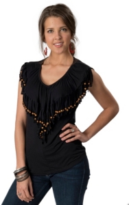 Rancho Estancia® Women's Black Fringe with Wooden Beads V-Neck Sleeveless Fashion Top
