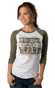 ATX Mafia® Women's White Redneck at Heart with Camo and 3/4 Green Sleeves Baseball Tee