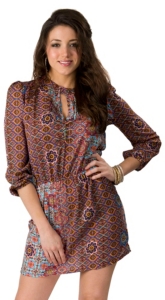 Fashion Fuse® Plum & Turquoise Floral Print Long Sleeve Empire Waist Dress